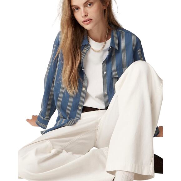 J.Crew Striped Cotton Voile Western Button Down Shirt Blue NWT 14 - Picture 2 of 7